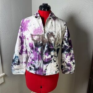 French Cuff White and Purple Tie Dye Zip Front Jacket 100% Cotton Size M